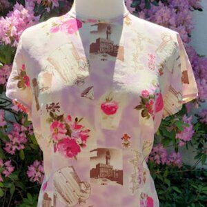 SIZE 10 Tess 100% Silk Pink, Multicolor Printed Blouse Bust=42"